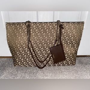 DKNY Logo Claryce Tote Bag in Brown / Beige / Gold with Mini Wallet Card Holder